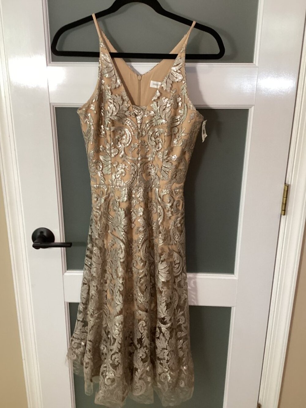 Dress the Population Blair Sequin Lace Fit & Flare Midi Dress - Platinum Nude -S